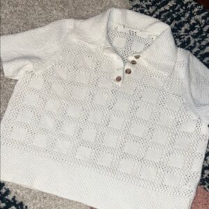 Zimmermann White Open-Knit Polo Tee with Wooden Buttons
